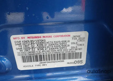 2016 Mitsubishi Outlander Sport 2.0 Es z USA, uszkodzony, nr VIN JA4AP3AU0GZ034586